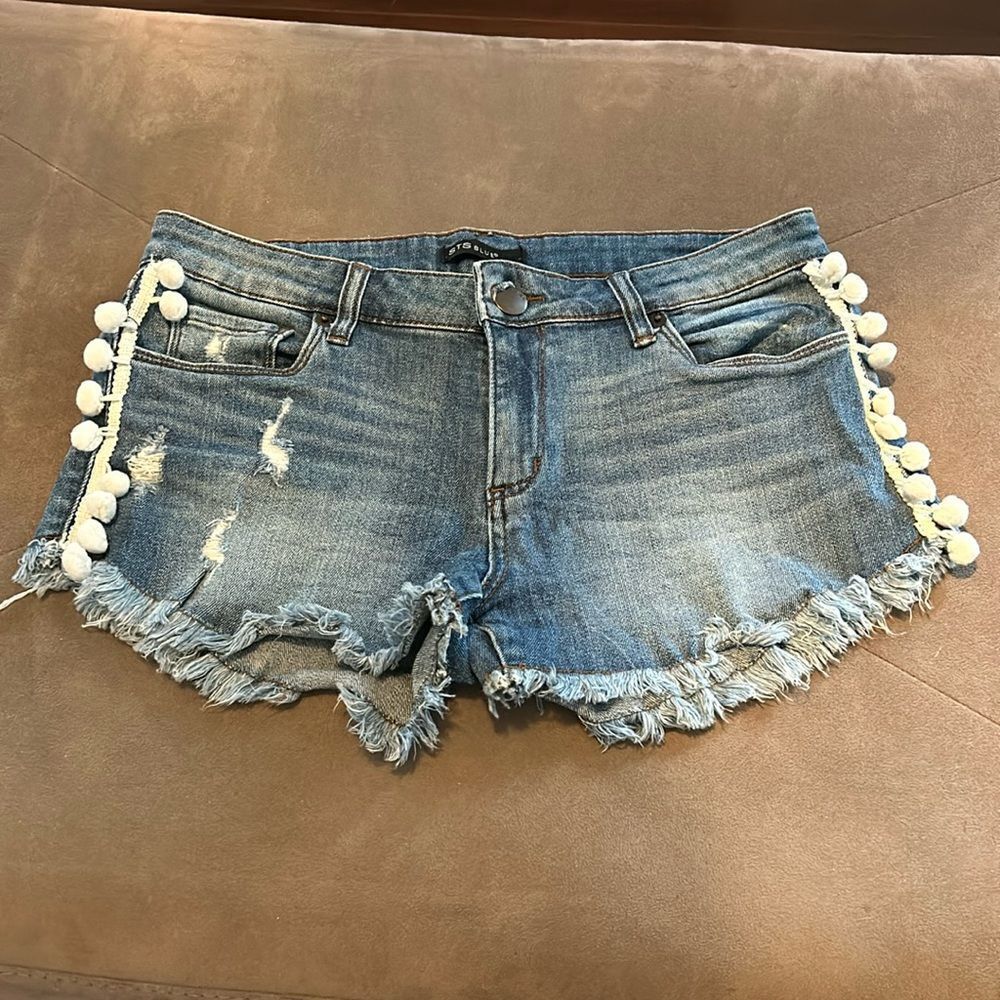 STS Blu Distressed Blue Jean Shorts with Pom-Pom Trim